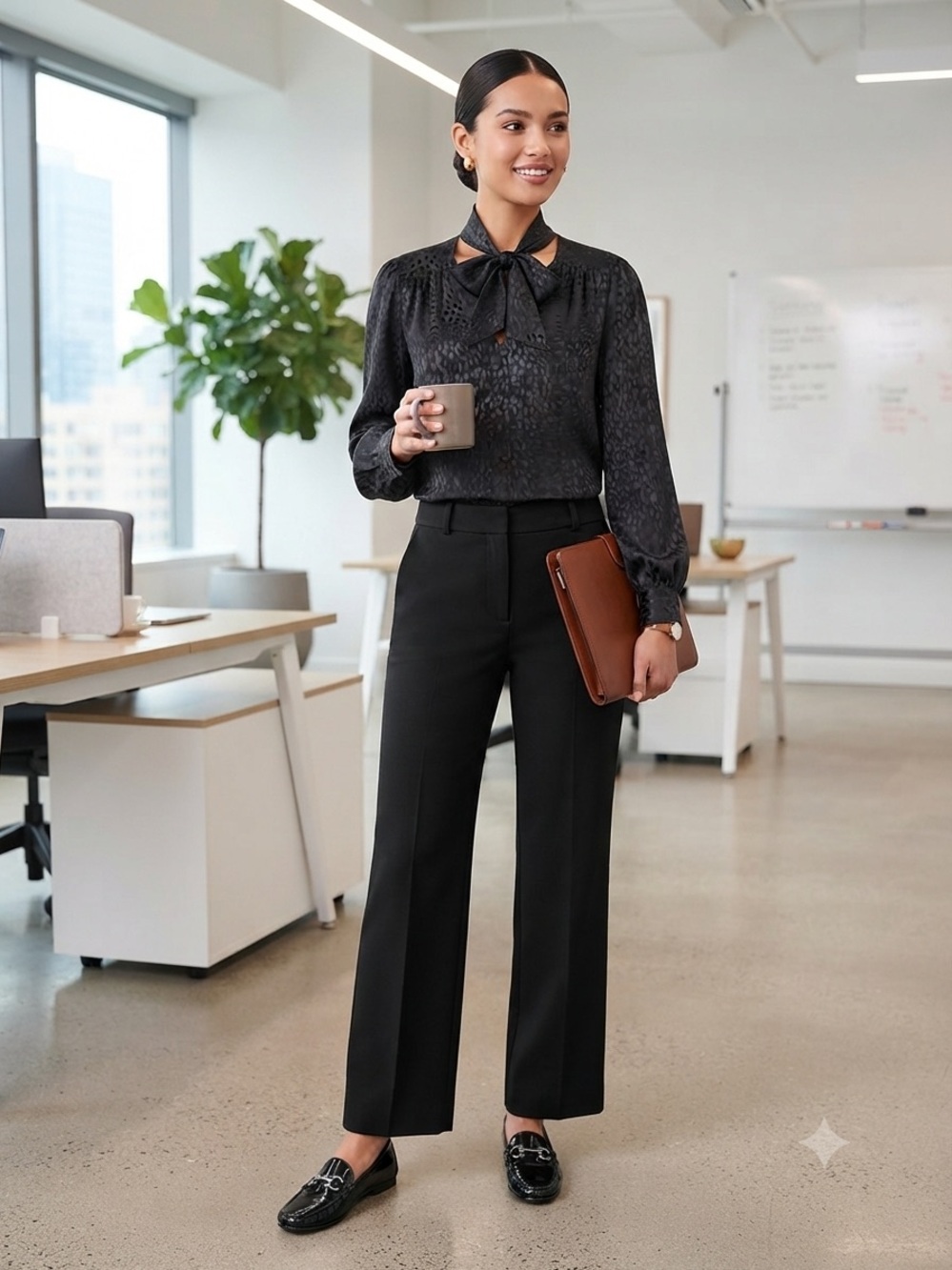 100% Silk PAIGE V-Neck Long-Sleeve Blouse with Subtle Animal Print